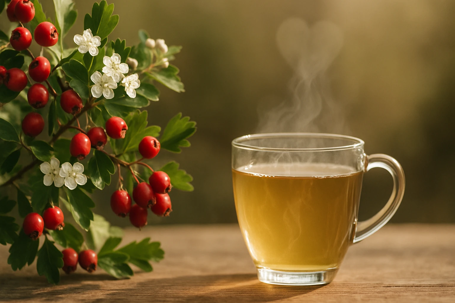 Egy átlátszó pohárban gőzölgő tea, mellette piros bogyók és fehér virágok.