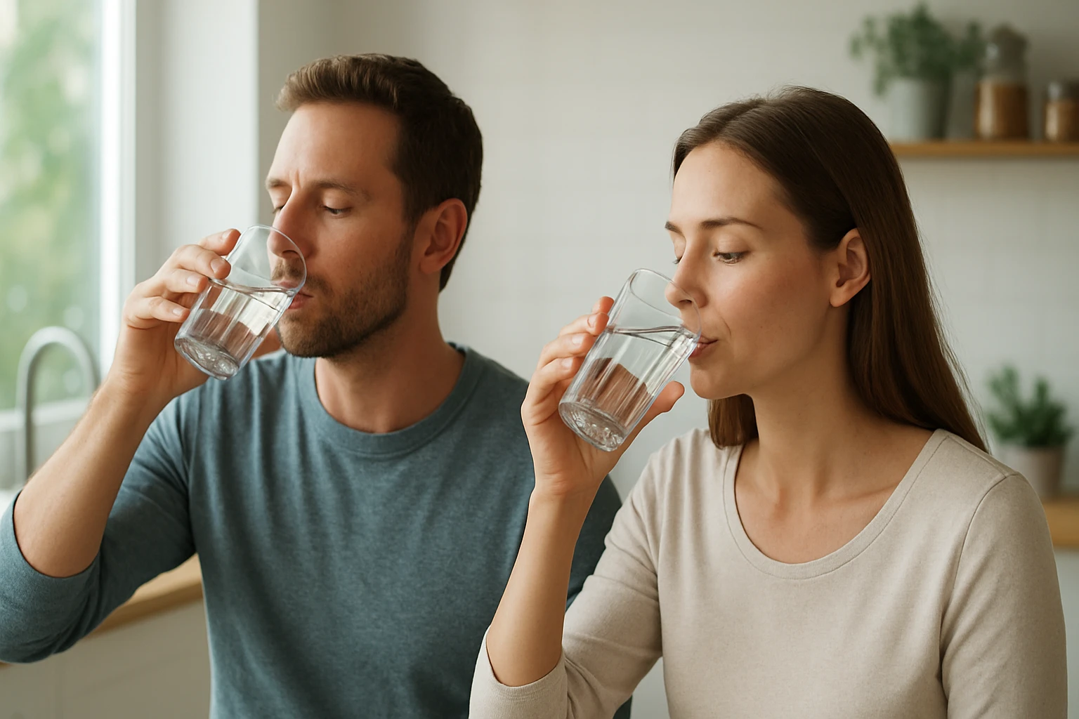 Két ember, egy férfi és egy nő, vízivás közben, otthoni környezetben.