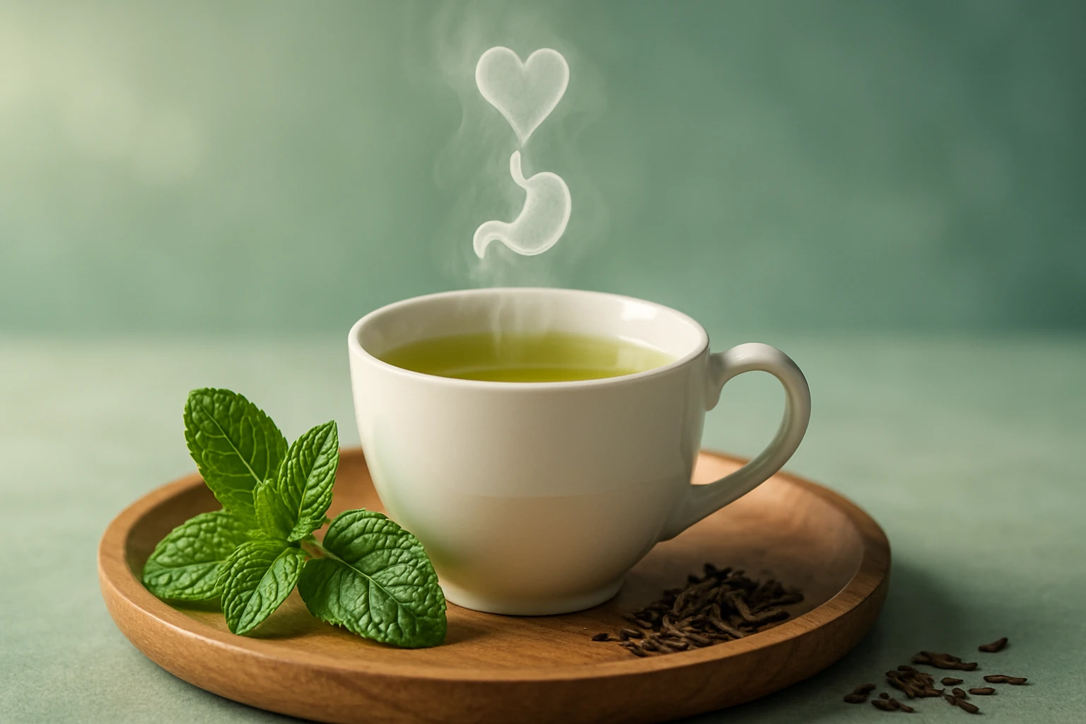 Egy fehér bögre gőzölgő zöld teával, mellette friss mentalevelek és fűszerek.