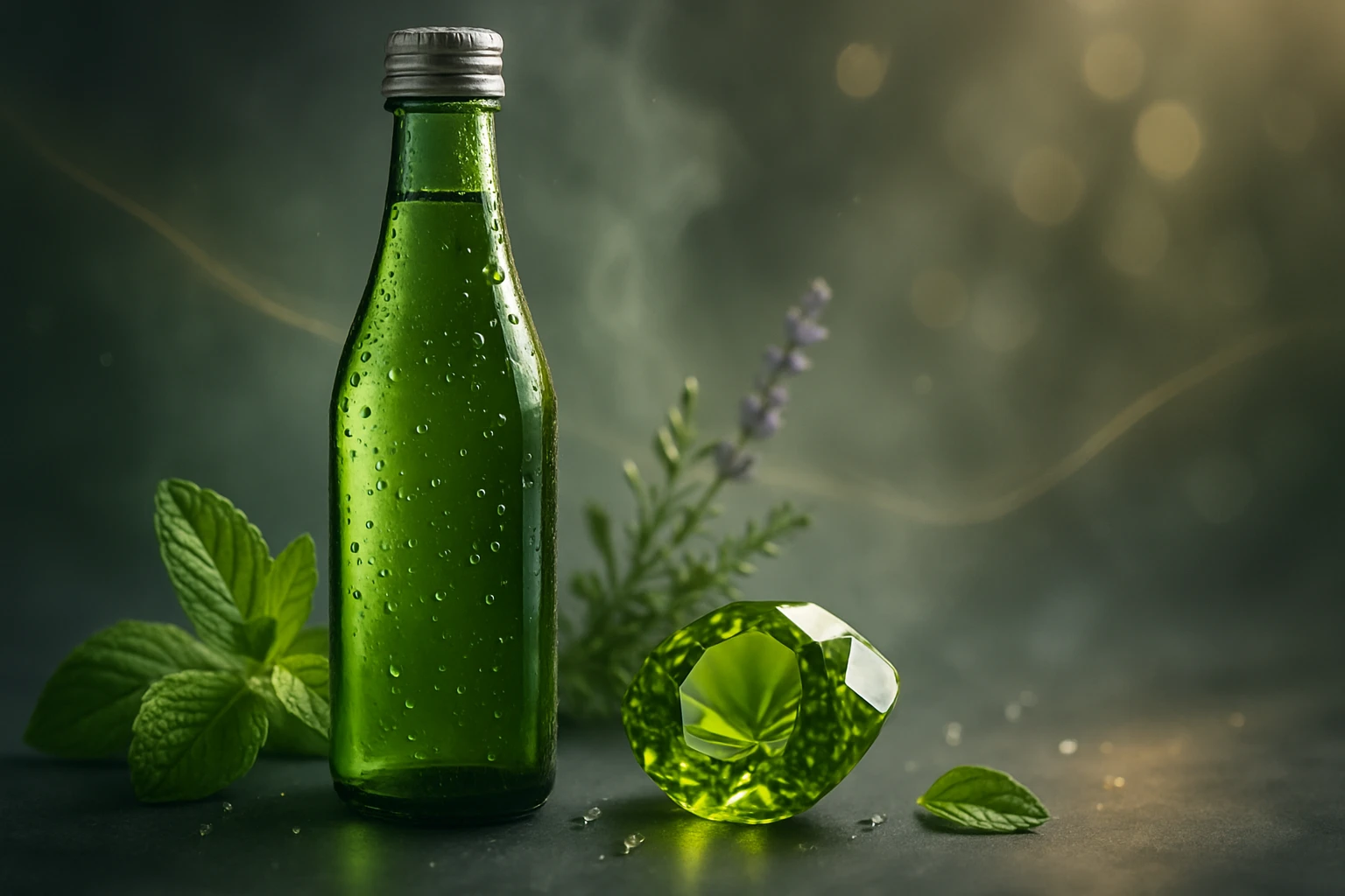 Zöld üvegpalack vízcseppekkel, mellette friss mentalevelek és egy zöld drágakő.