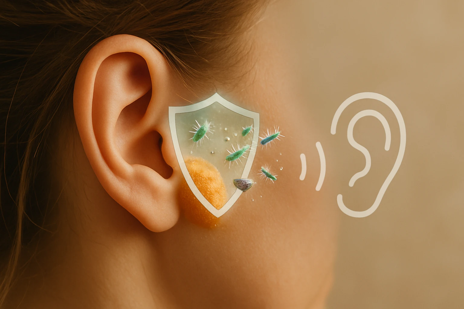 Egy fül közelképe, amelyen védőpajzs látható, körülötte mikrobák.