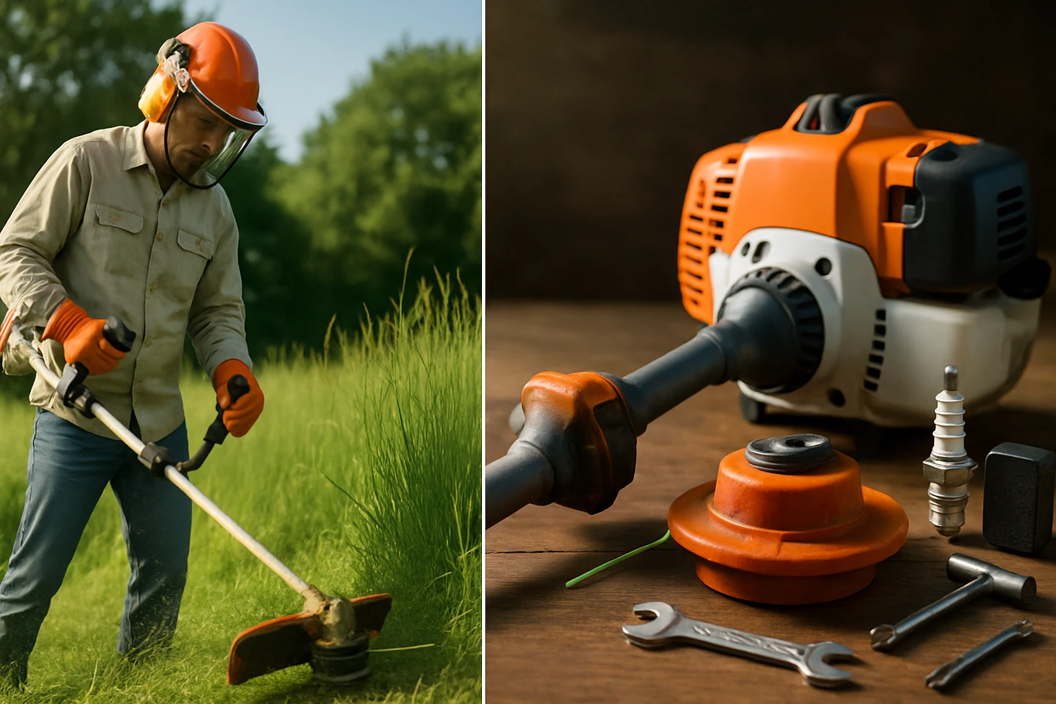 Egy férfi fűnyíróval dolgozik egy zöld területen, védőfelszerelésben.