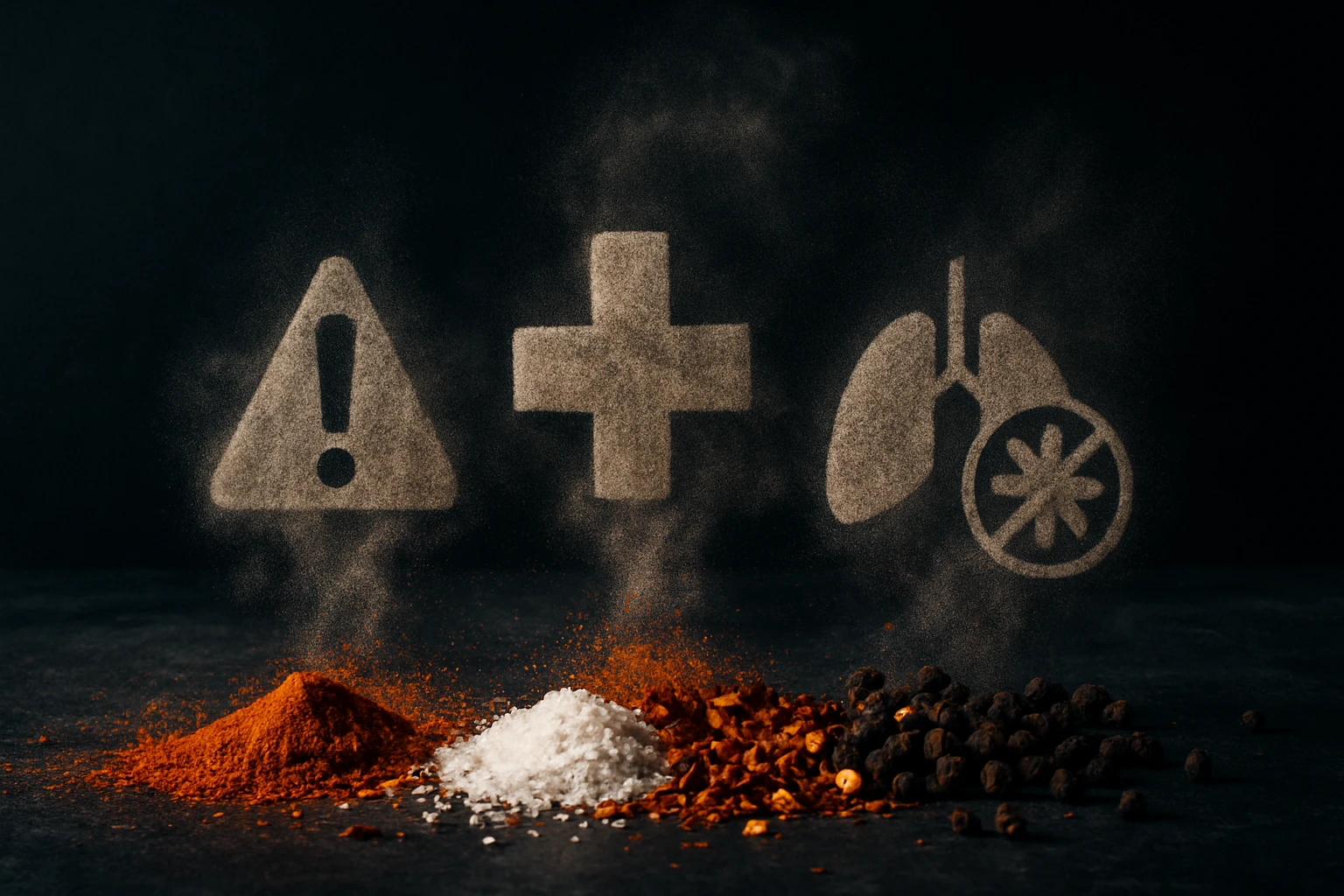 Fűszerek és só halmok, háttérben figyelmeztető és egészségügyi szimbólumokkal.