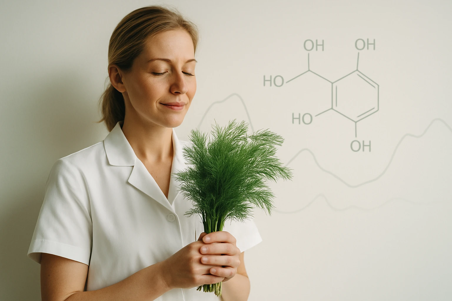 Egy nő fehér köpenyben, zöld fűszernövényt tart a kezében, háttérben kémiai struktúrával.