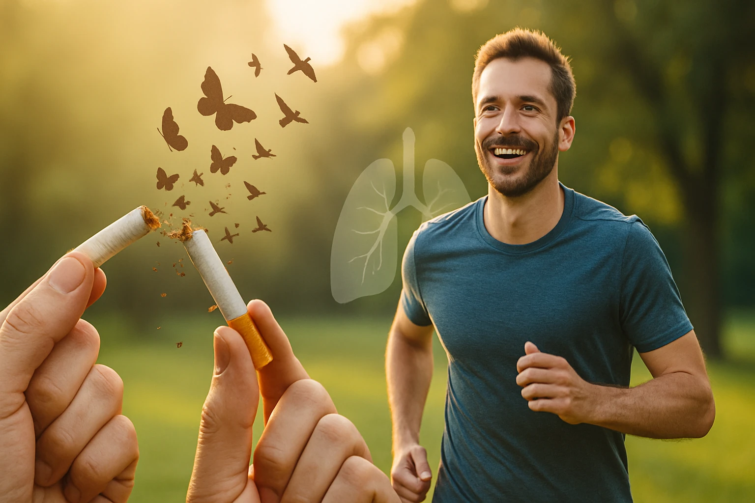 Egy férfi mosolyogva fut a szabadban, miközben egy cigaretta eltörik, és pillangók szállnak el.