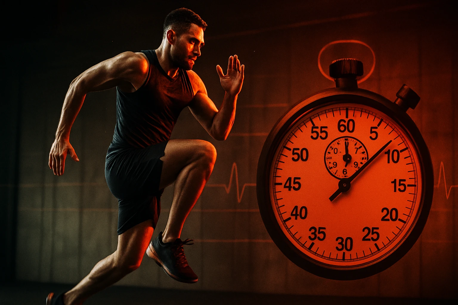 Egy sportoló dinamikusan fut, mellette egy stopperóra látható, amely az időt méri.