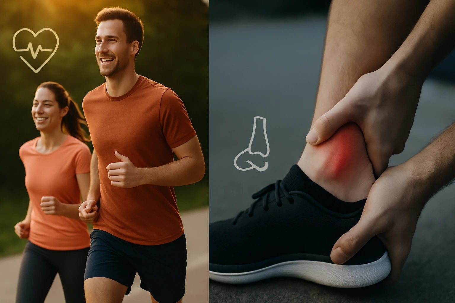 Két fiatal, sportos ember fut a természetben, miközben a háttérben egy sérült boka látható.