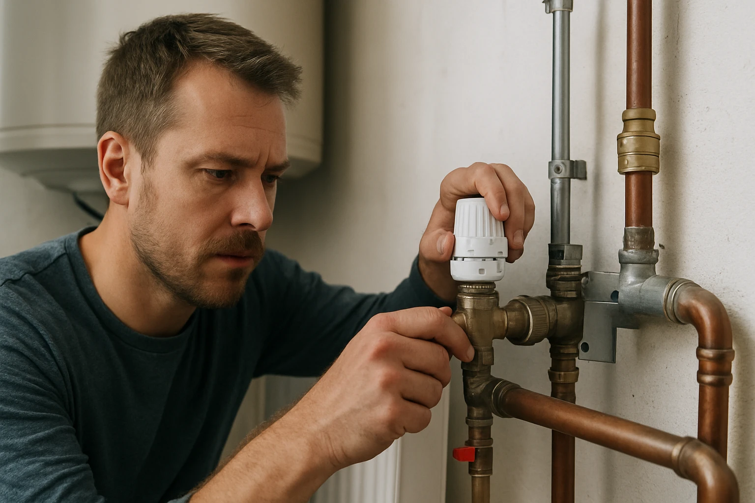 Egy férfi a fűtési rendszer termosztátját állítja be, figyelmesen dolgozik.