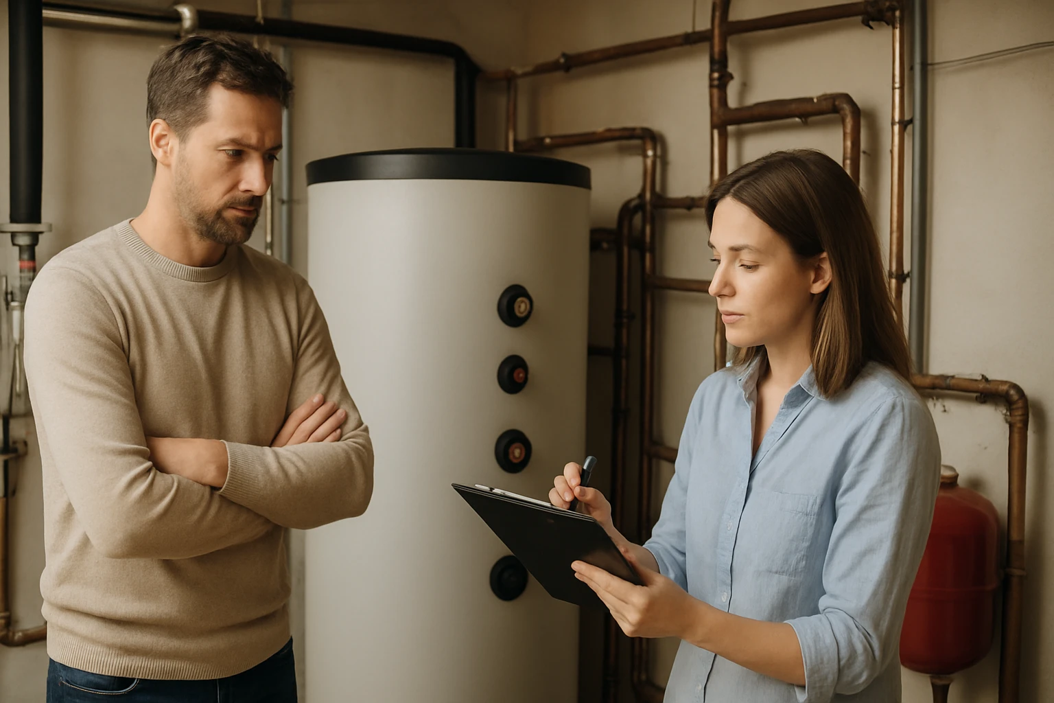 Egy férfi és egy nő beszélget egy fűtési rendszer mellett, a nő jegyzetel.
