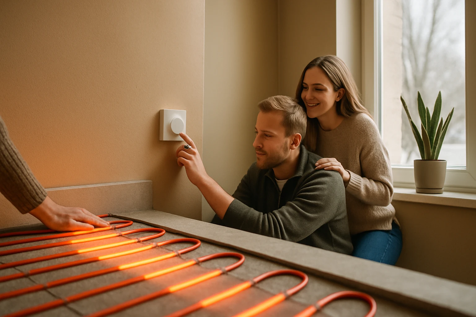 Egy pár a fűtőszőnyeg hőmérsékletét állítja be egy modern otthonban.