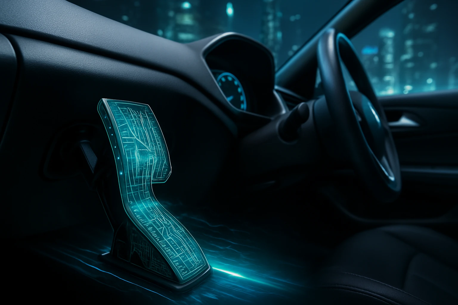 Egy futurisztikus autó belső terében látható digitális térkép, amely világít.