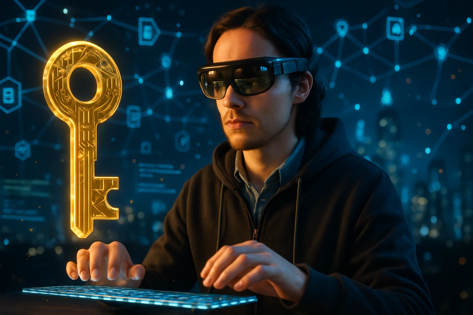 Egy fiatal férfi okosszemüveget visel, miközben egy futurisztikus billentyűzeten gépel, mögötte digitális kulcs látható.
