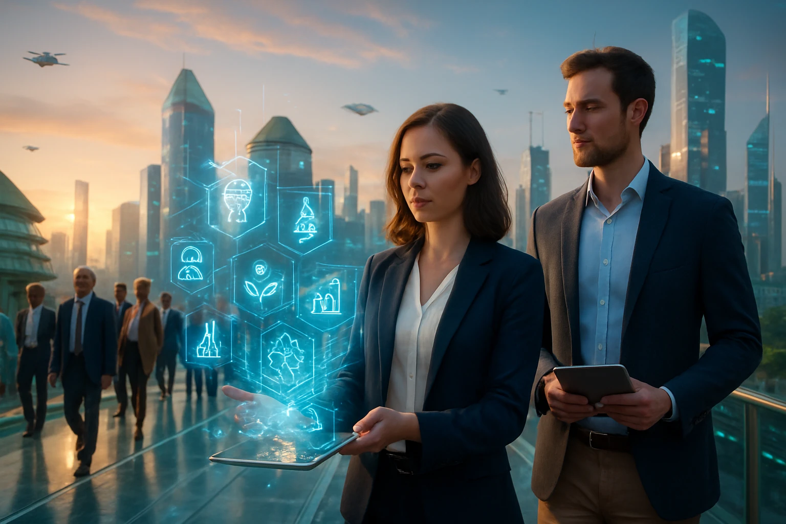 Két üzletember egy futurisztikus városban, holografikus adatokat néznek.