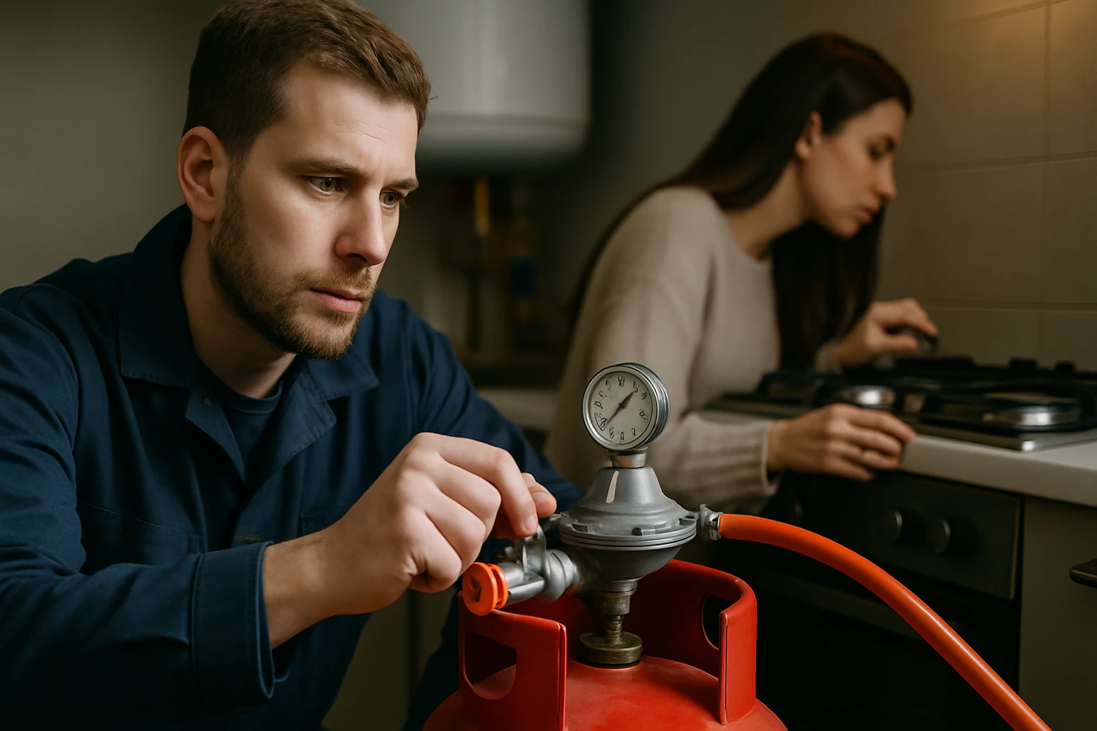 Egy férfi gázpalackot ellenőriz, míg egy nő a konyhában főz.