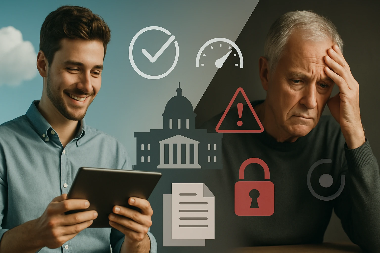 Egy fiatal férfi boldogan használ egy táblagépet, míg egy idősebb férfi szomorúan néz.