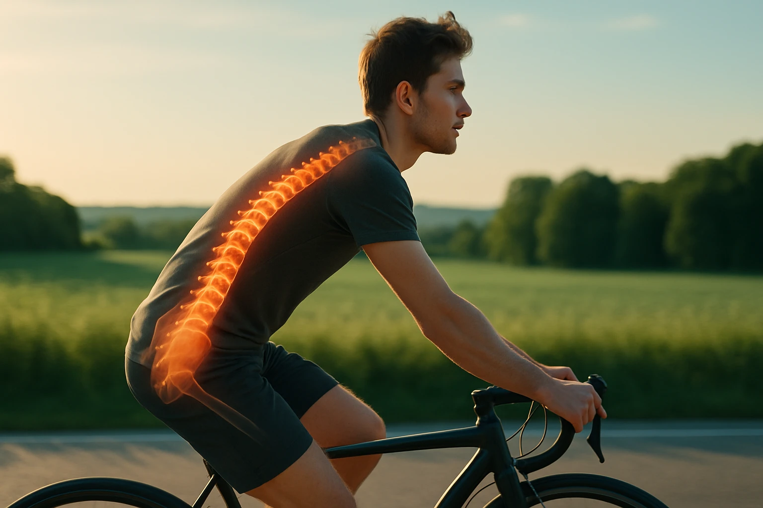 Egy fiatal férfi kerékpározik, hátán látható a gerincvonal, amely fénnyel van kiemelve.