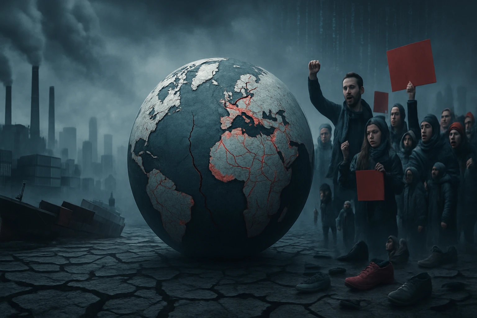 Egy globális aktivista megmozdulás, ahol emberek vörös táblákat tartanak, a háttérben füstölgő gyárakkal.