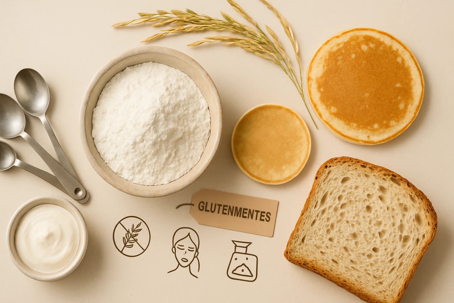 Gluténmentes alapanyagok, köztük liszt, kenyér és palacsinta, fém kanalakkal.