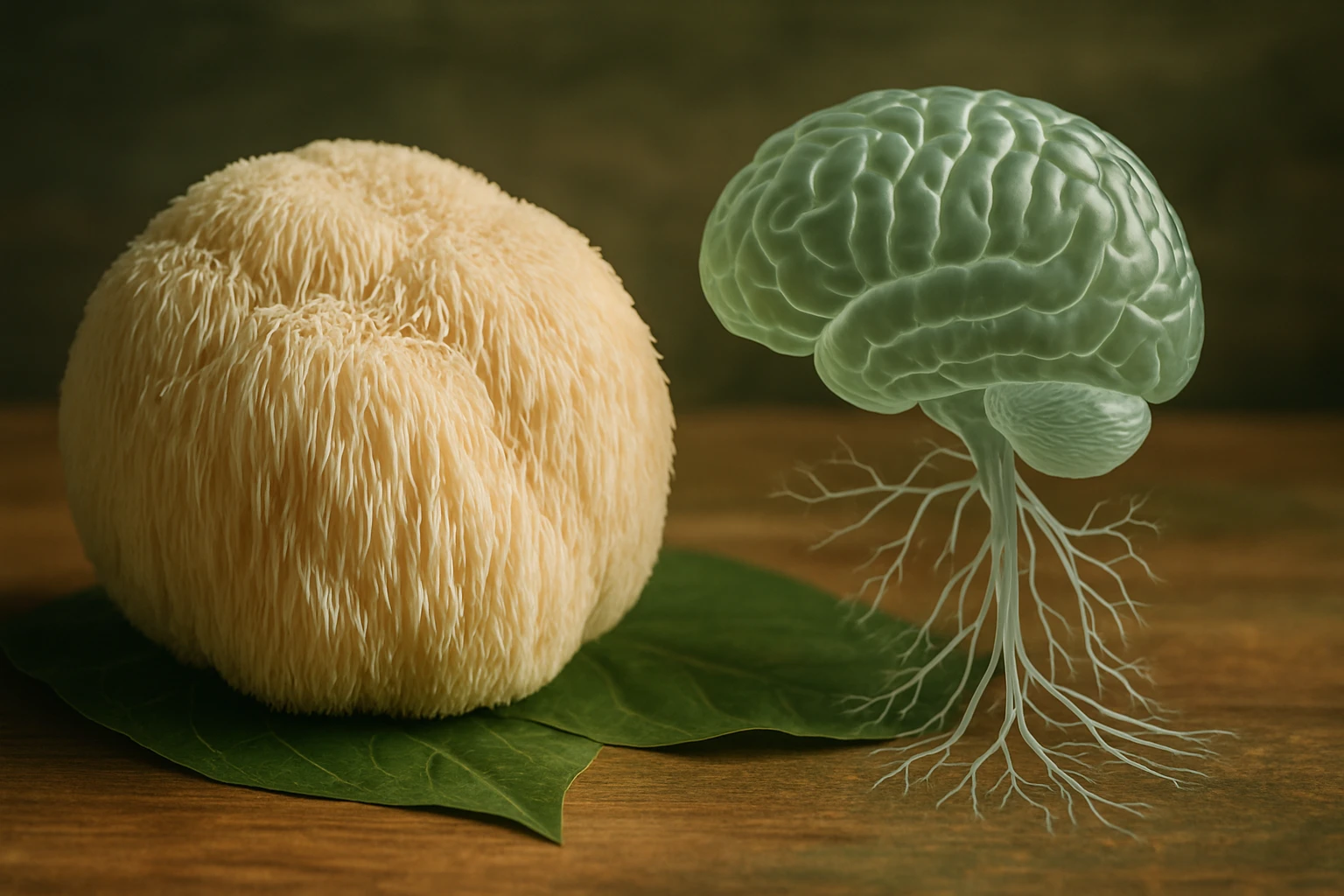 Egy szőrszerű, világos színű gomba és egy áttetsző agyforma, zöld színben, leveleken.