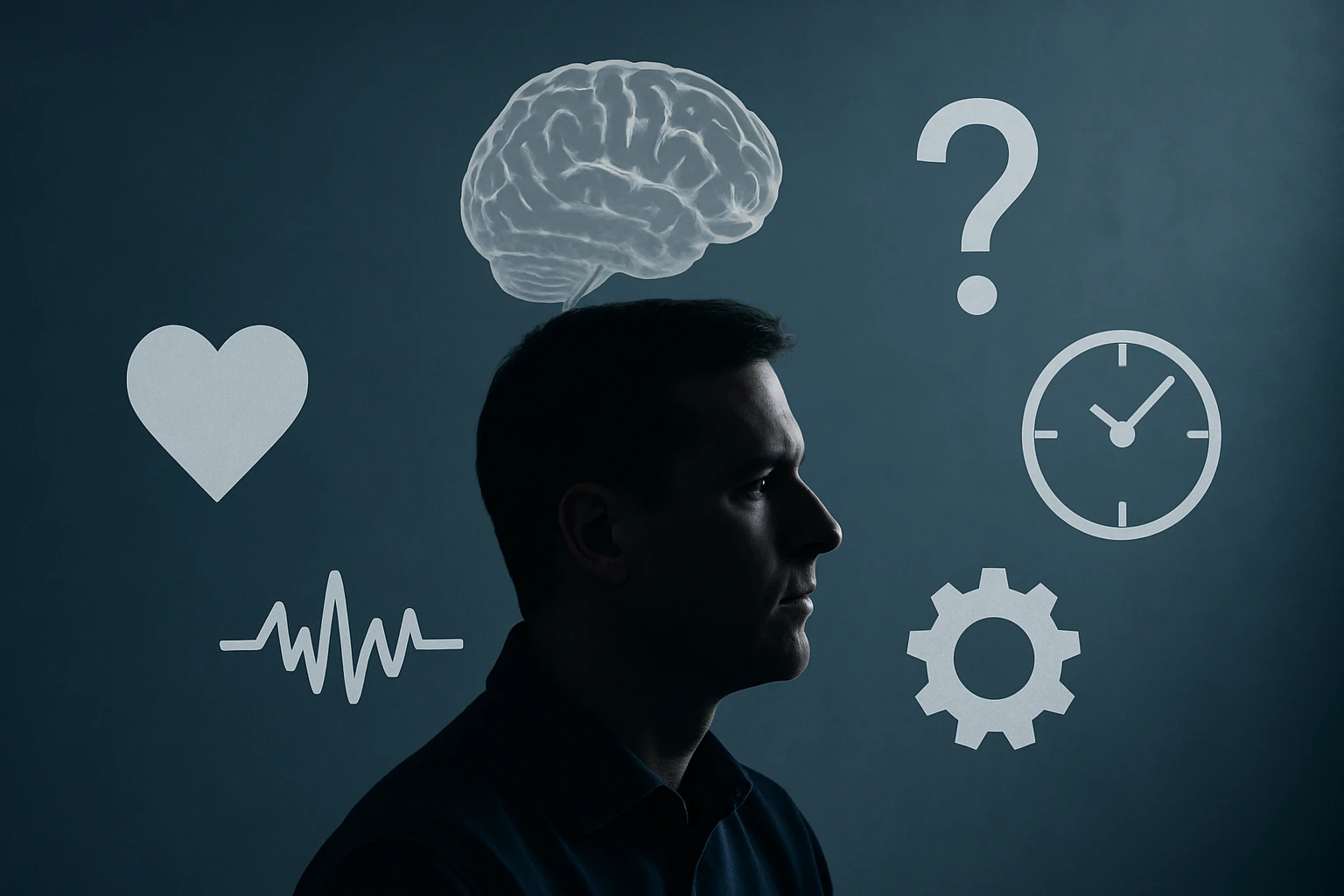 Egy férfi profilja látható, feje fölött különböző szimbólumok: agy, szív, kérdőjel, óra és fogaskerék.
