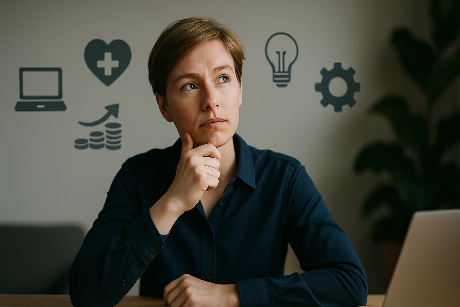 Egy fiatal nő gondolkodik, miközben különböző szimbólumok láthatók a háttérben, mint a számítógép, szív, pénz és izzó.