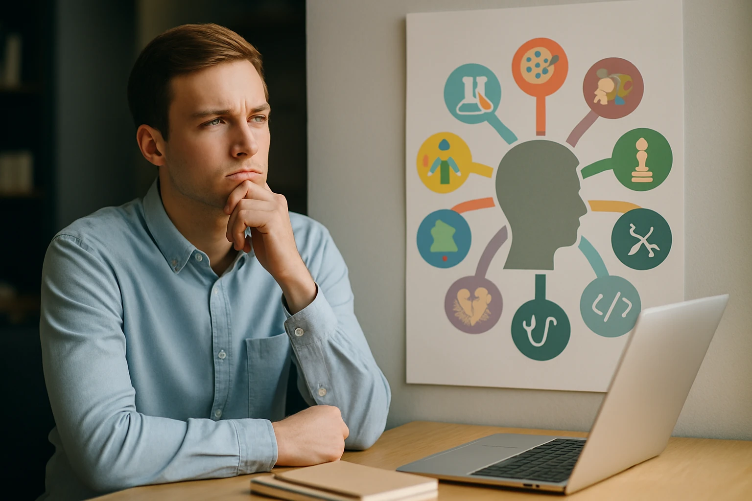 Egy fiatal férfi gondolkodik, miközben egy számítógép előtt ül, mögötte szimbólumokkal teli poszter látható.