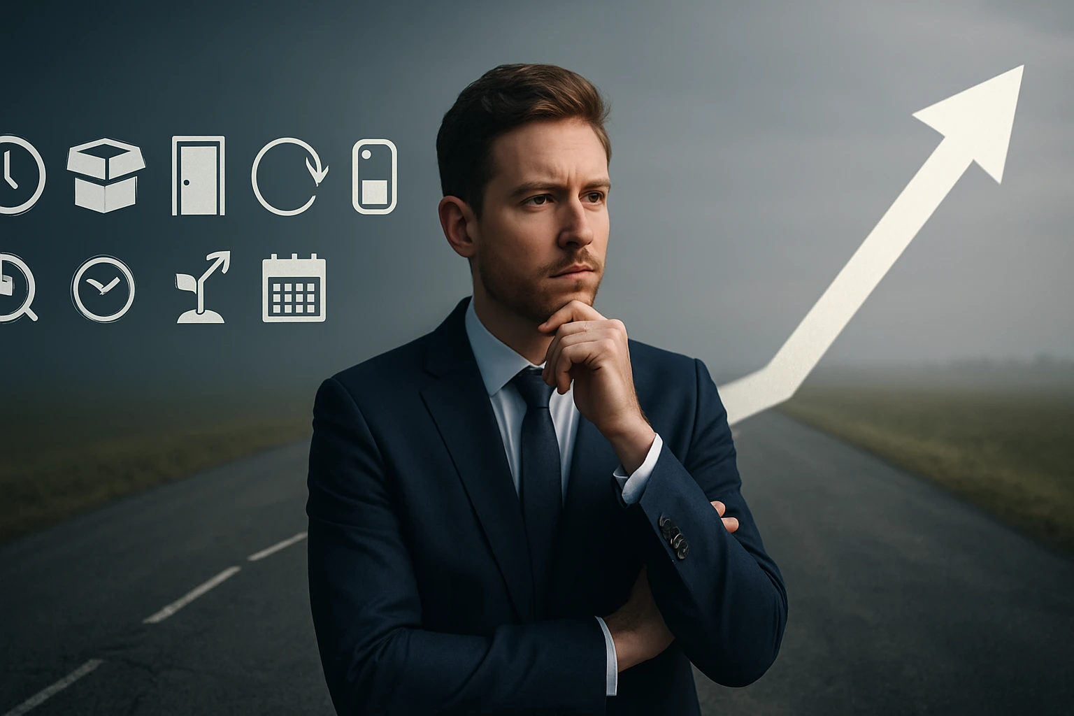 Egy öltönyös férfi gondolkodik, mögötte növekvő grafikon és ikonok láthatók.