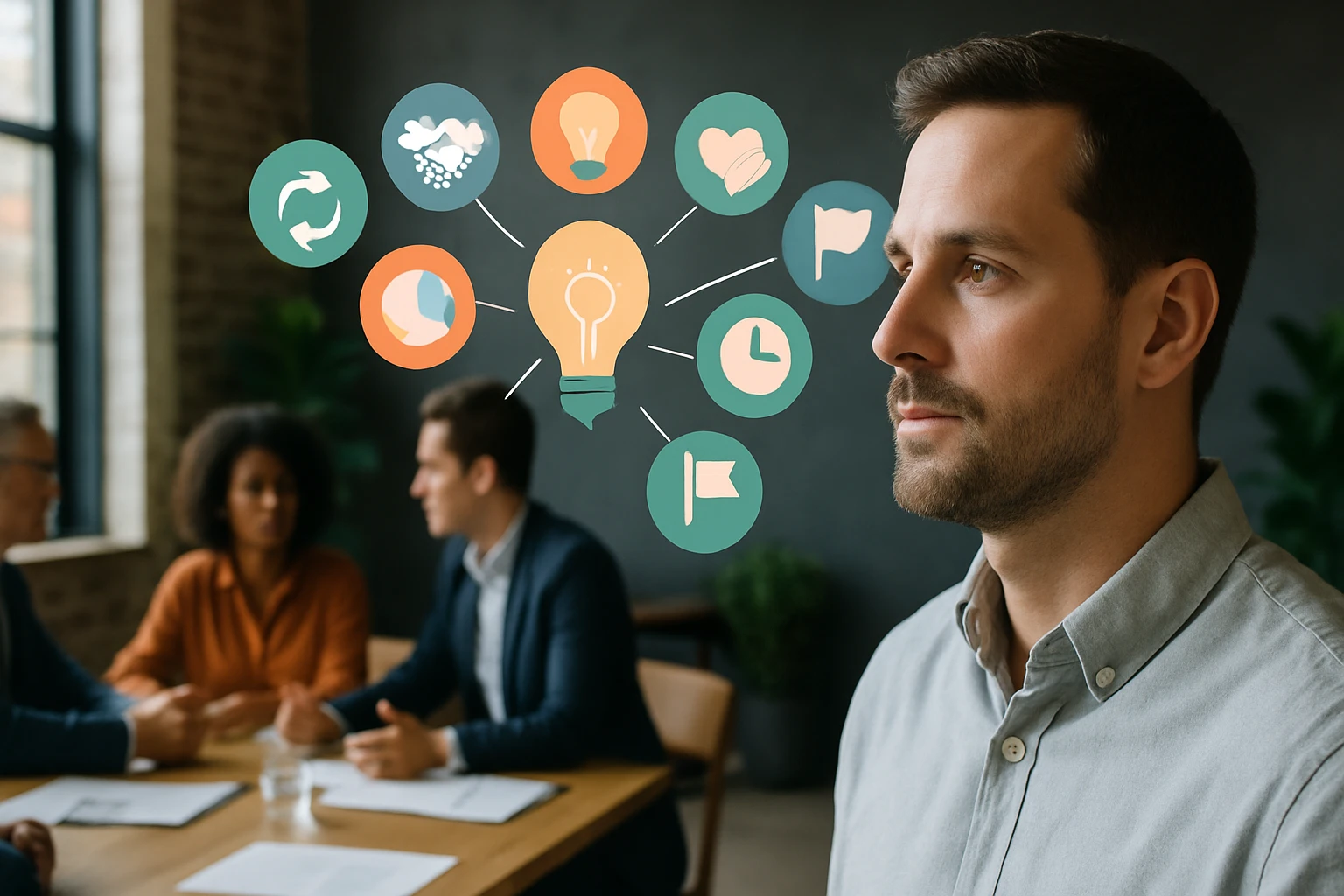 Egy férfi gondolkodik, miközben színes ikonok lebegnek a feje felett, amelyek ötleteket és témákat jelképeznek.