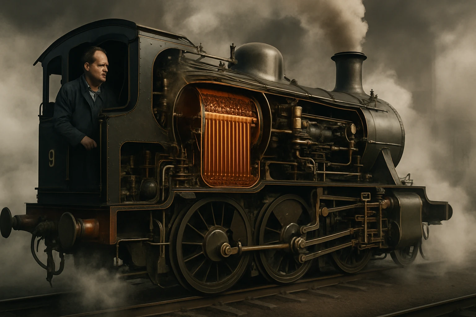 Egy gőzmozdony, amelyből füst száll fel, a vezetőfülkében egy férfi látható.
