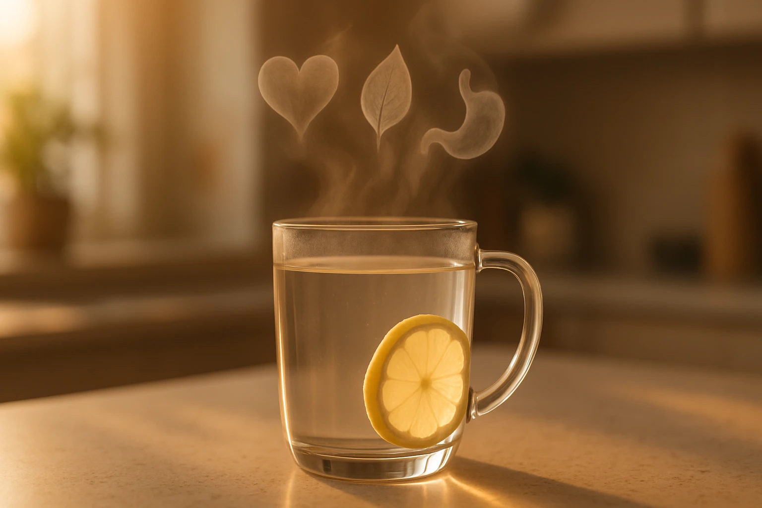 Egy átlátszó pohárban gőzölgő citromos víz, a gőz szív, levél és spirál formájú.