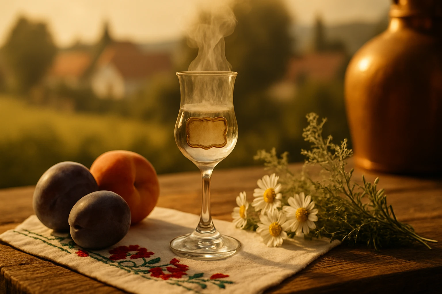 Egy pohár gőzölgő ital, mellette gyümölcsök és virágok egy rusztikus asztalon.