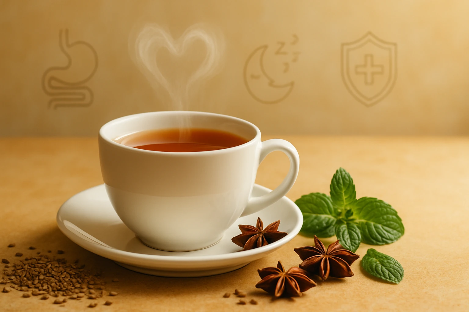 Egy fehér csésze gőzölgő tea, mellette ánizs és menta levelek.