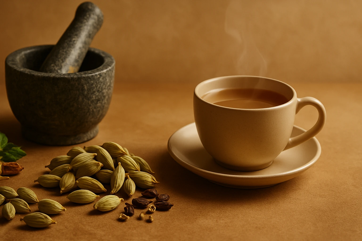 Egy gőzölgő tea a világosbarna háttér előtt, mellette fűszerek és mozsár.