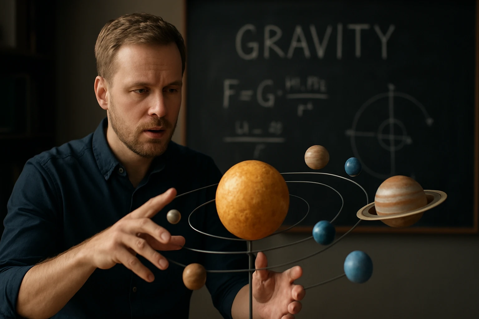 Egy férfi a gravitációt bemutató bolygómakettre mutat, miközben a háttérben képletek láthatók.