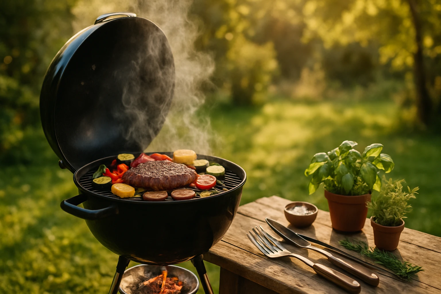 Füstölgő grillen sült hamburger és zöldségek, napfényben.
