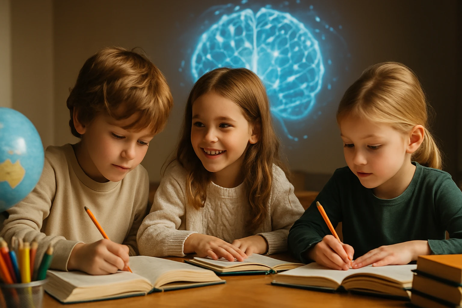 Három gyermek tanul egy asztalnál, könyveket írnak, háttérben agyábrázolás látható.