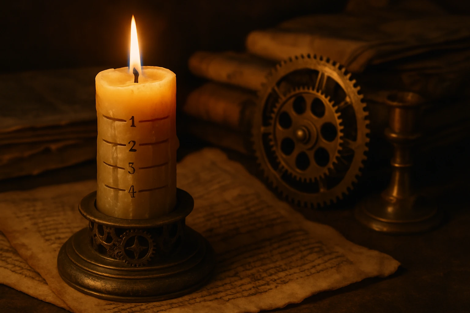 Egy gyertya lángja világít, mellette régi könyvek és egy fogaskerék látható.