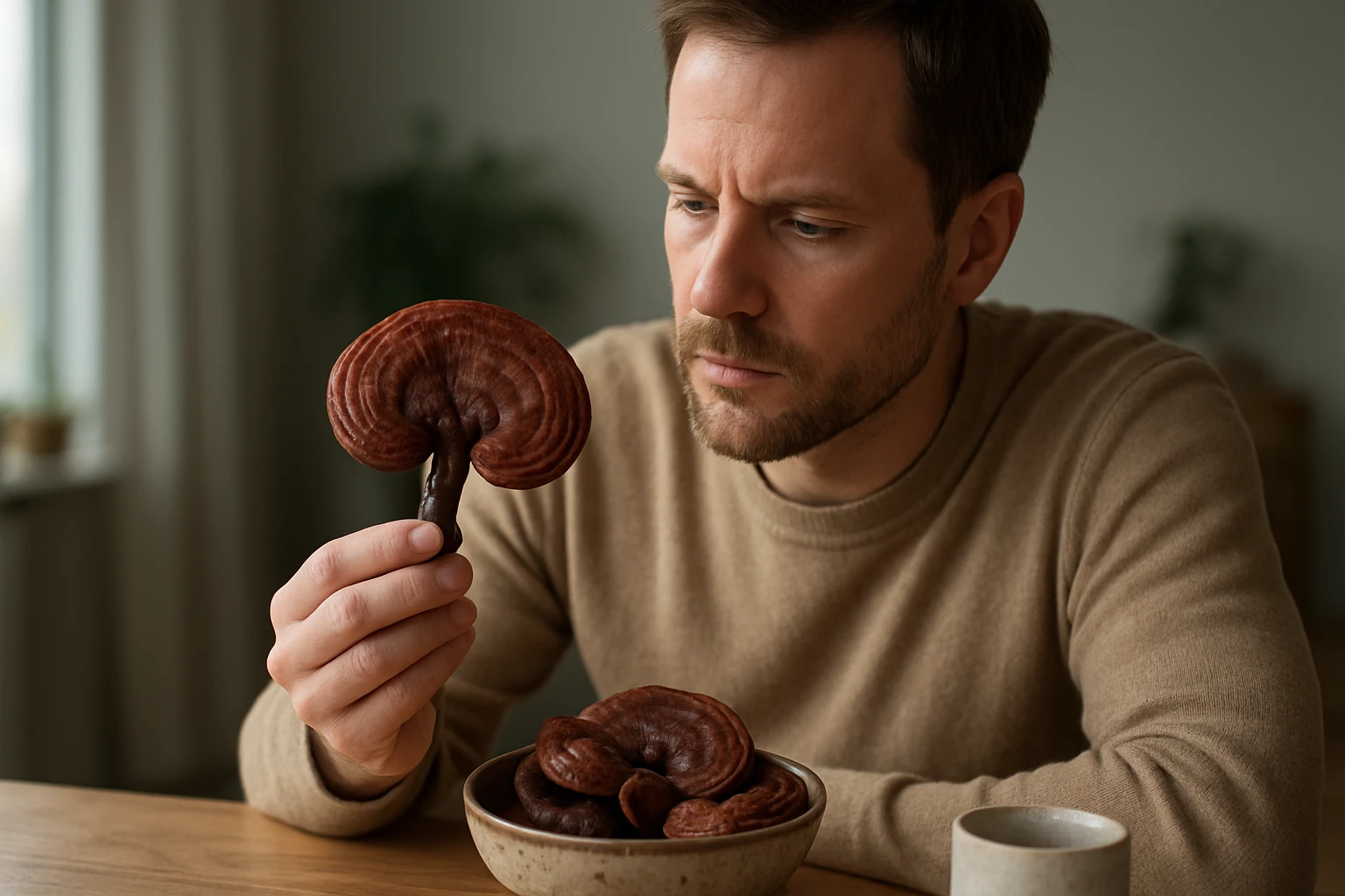 Egy férfi figyelmesen nézi a kezében tartott gyógygombát, miközben egy tálban több hasonló gomba található.