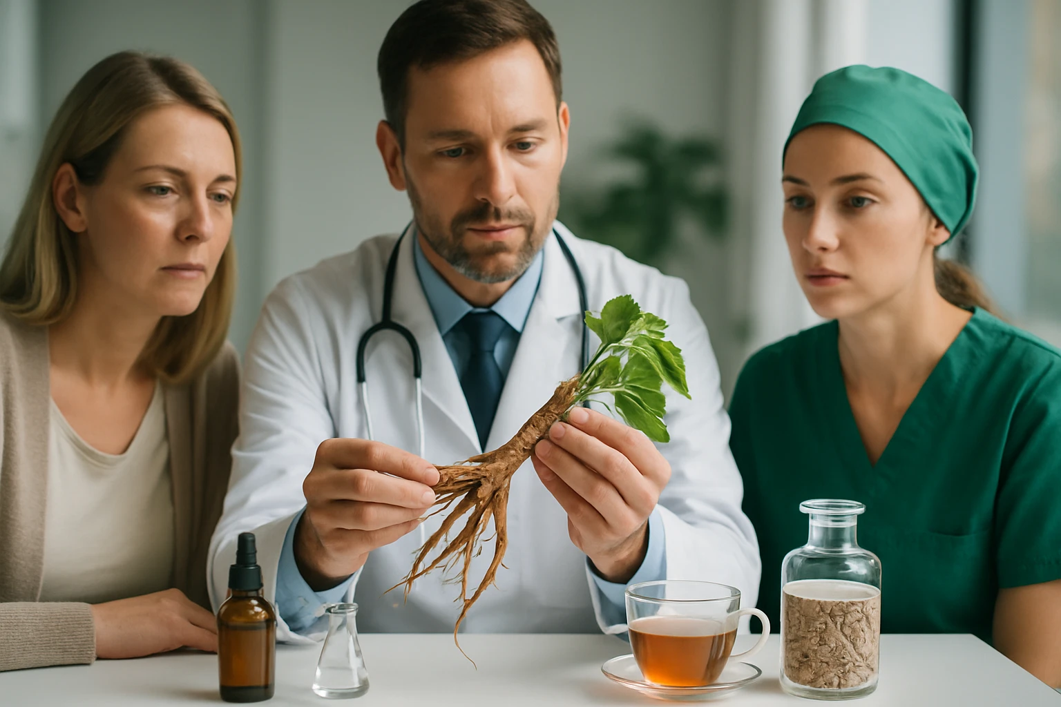 Egy orvos és két nő figyelmesen nézik a gyógyító növényt, amelyet az orvos tart a kezében.