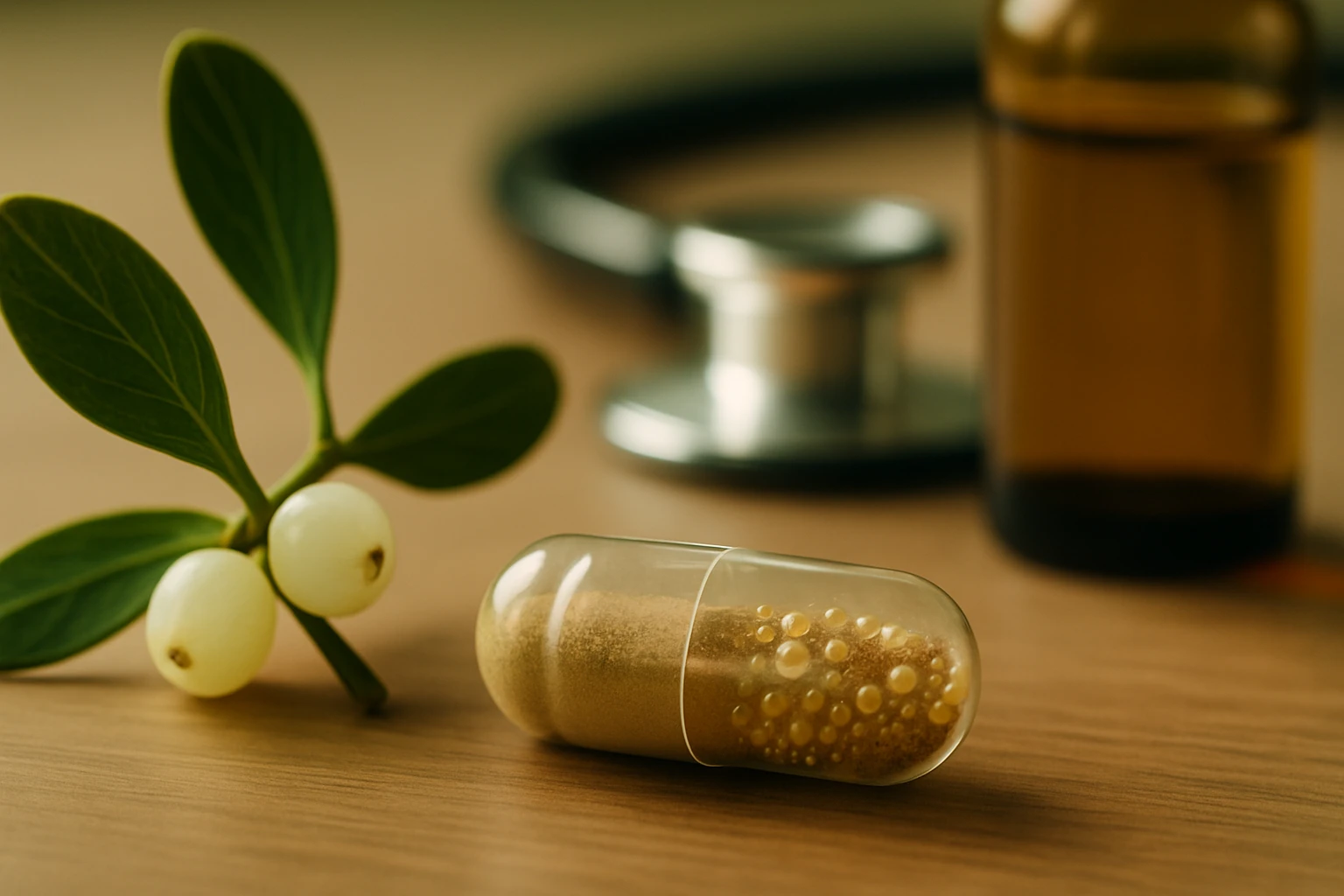 Egy kapszula, mellette gyógynövények és egy sztetoszkóp látható egy asztalon.