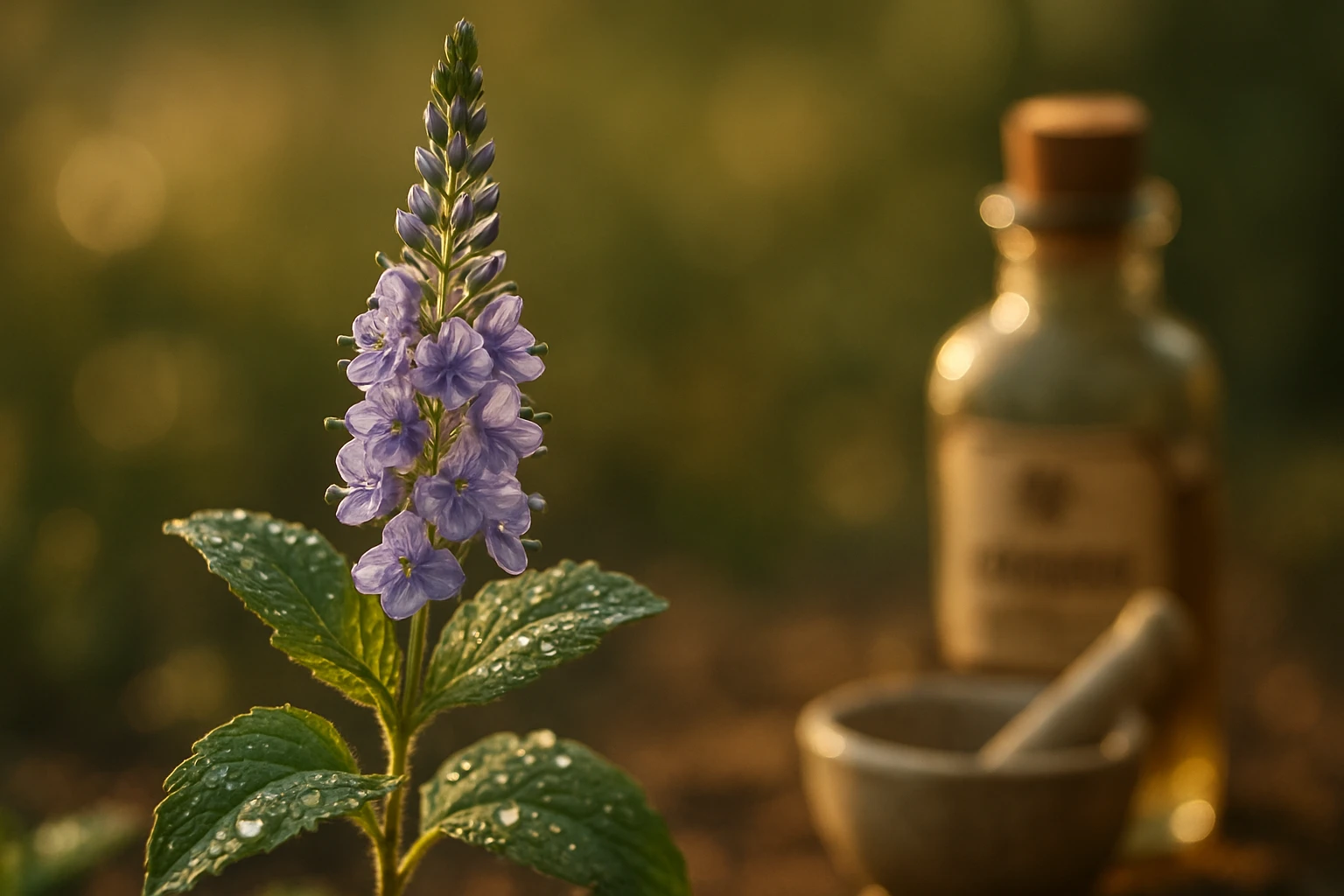 Egy lila virág, csepegtetett levelekkel, háttérben gyógynövényes üveg és mozsár.