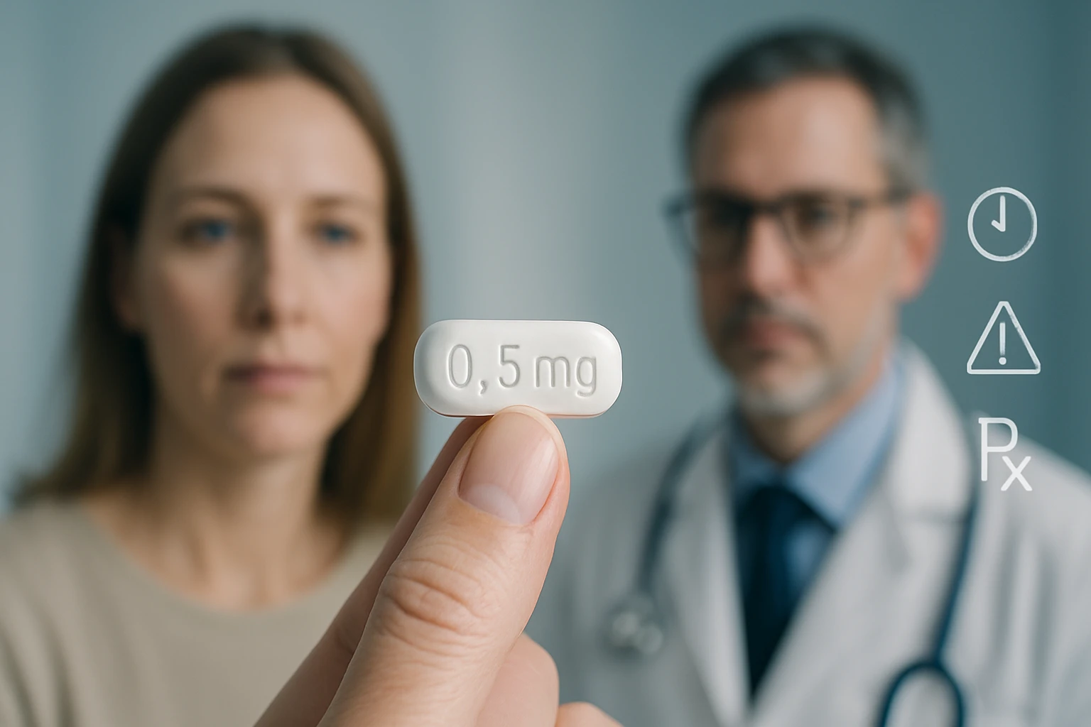 Egy nő kezében egy 0,5 mg-os gyógyszer tabletta látható, háttérben orvos.
