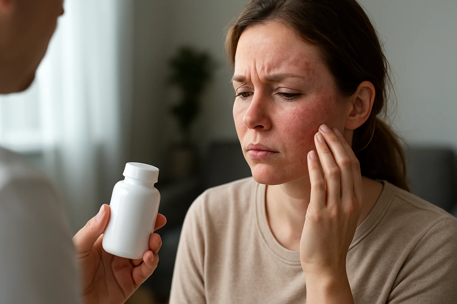 Egy nő aggódva néz egy fehér gyógyszeres üveget, miközben az arcát tapogatja.