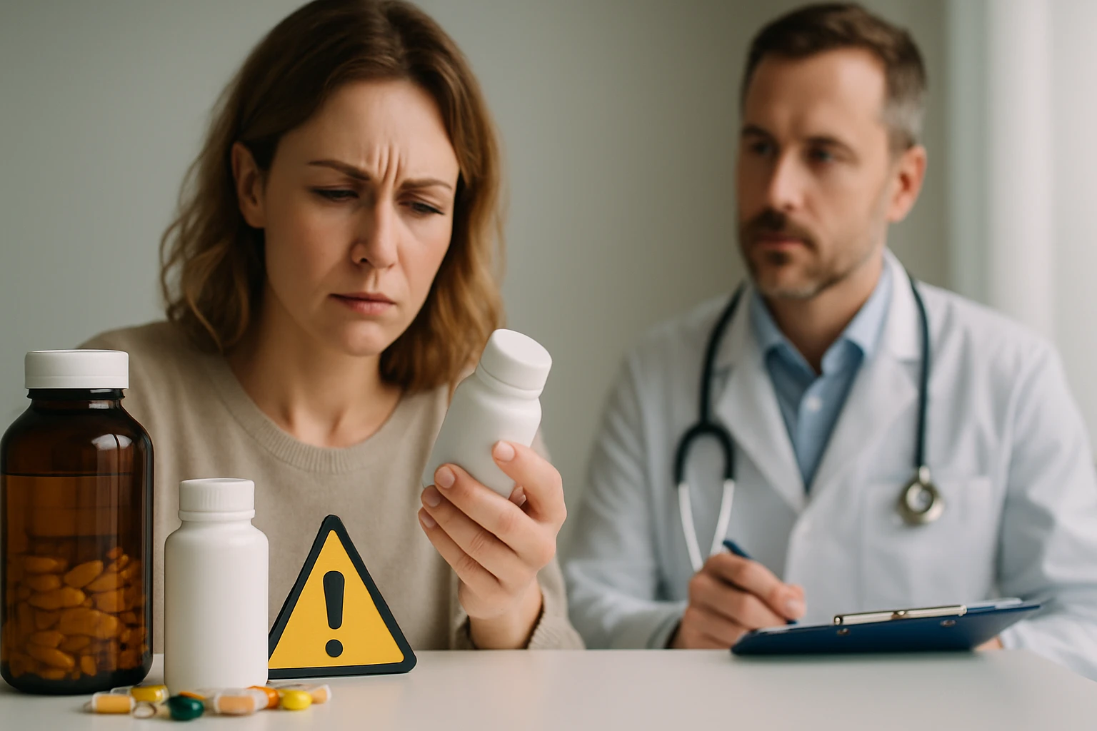 Egy nő aggódva nézi a gyógyszereit, miközben orvosa figyeli.