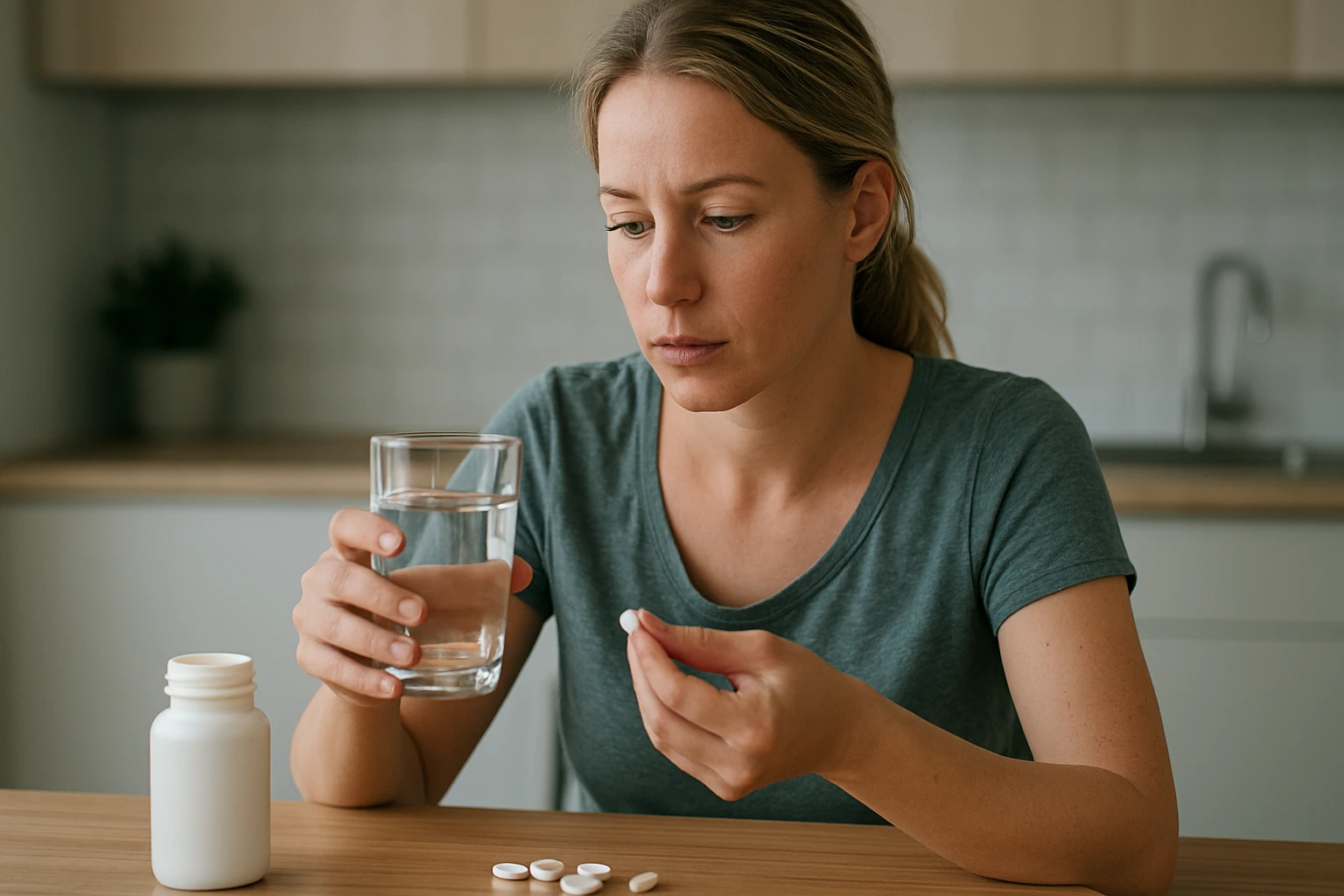 Egy nő, aki vízzel és gyógyszerekkel ül az asztalnál, gondolkodva a következő lépésen.