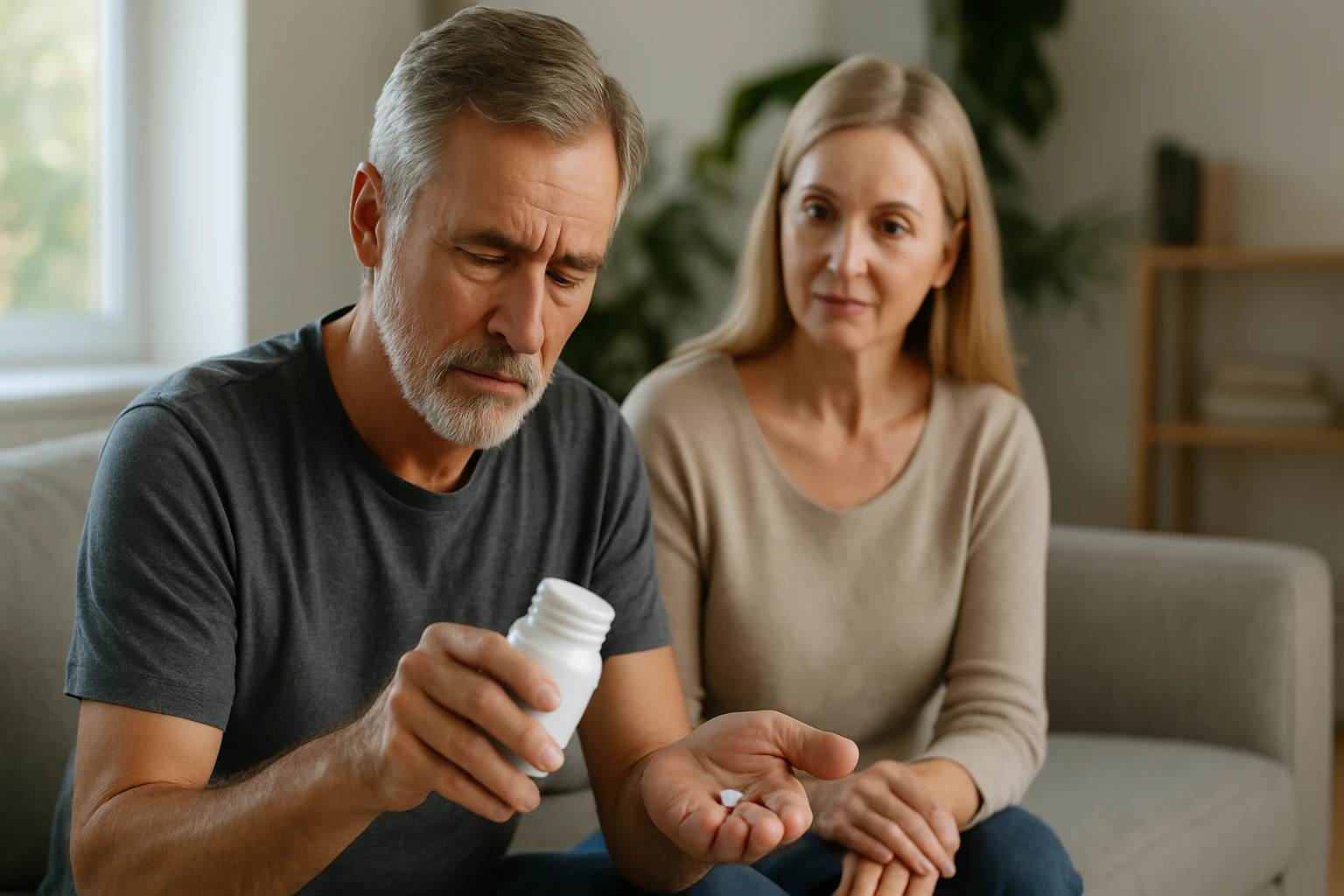 Idős férfi gyógyszert szed, mellette egy nő figyelmesen nézi őt.