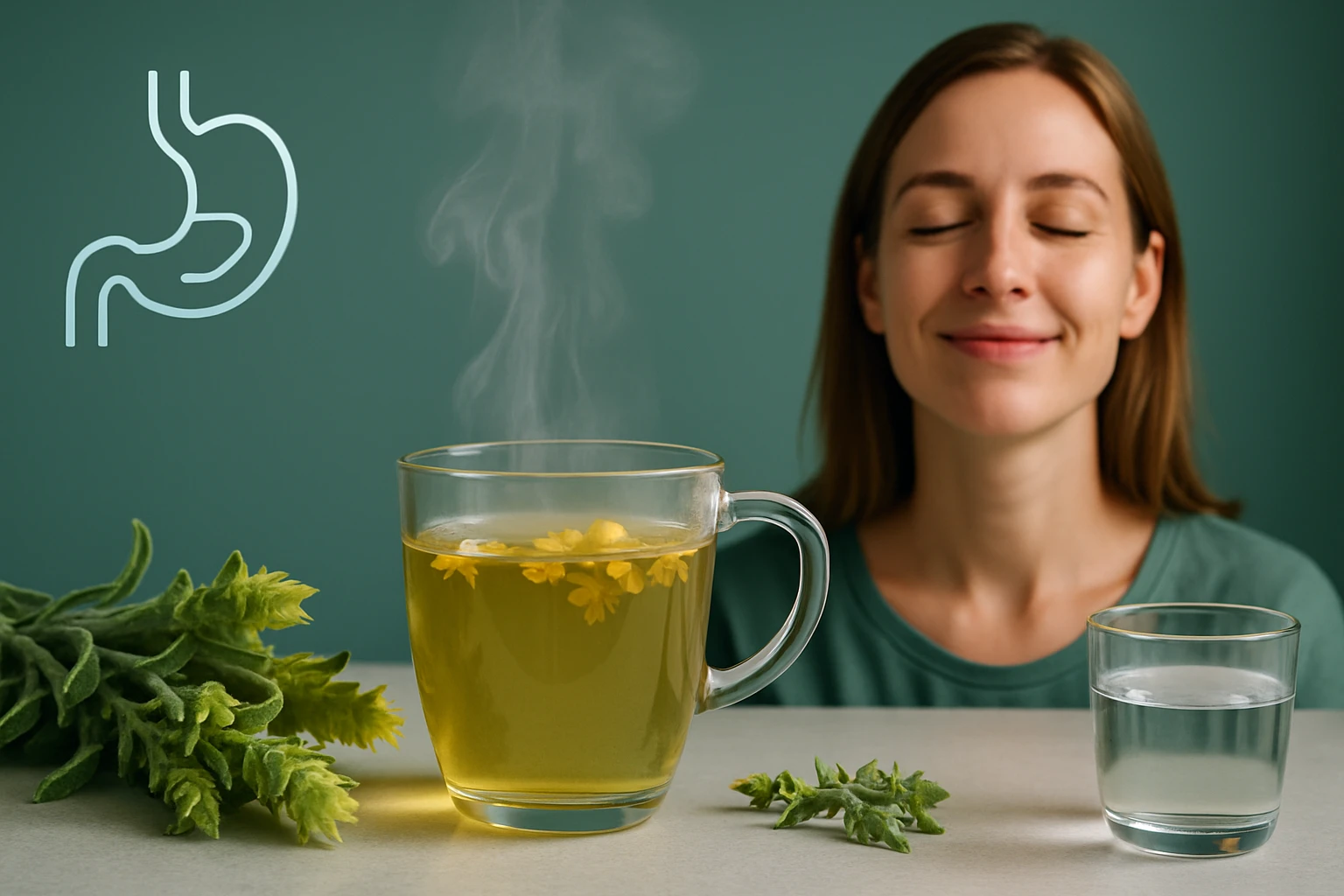 Egy nő mosolyogva ül egy asztalnál, mellette gőzölgő gyógynövénytea és víz.