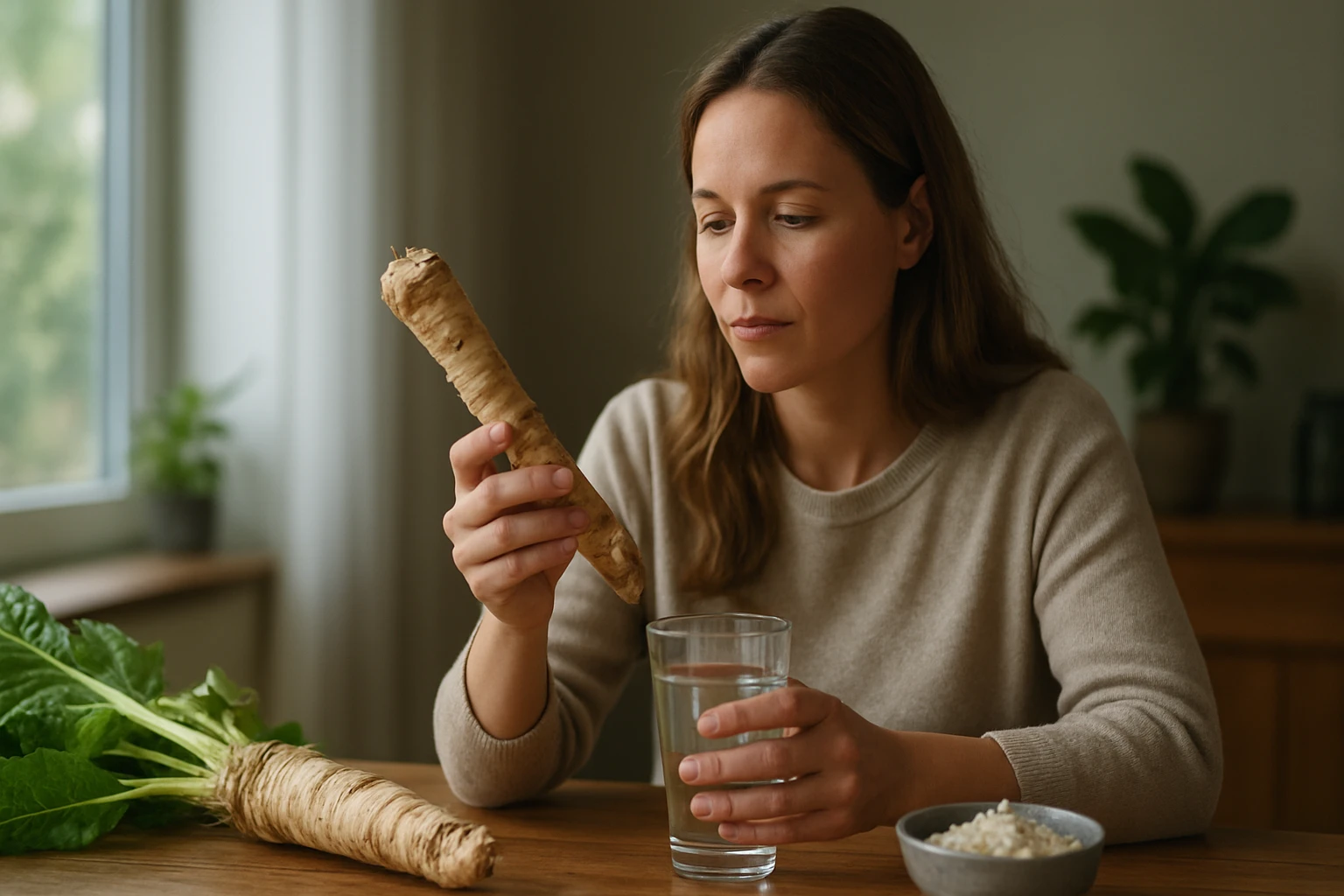 Egy nő a konyhában egy tál víz mellett egy gyökeret vizsgál, mellette zöld levelek.