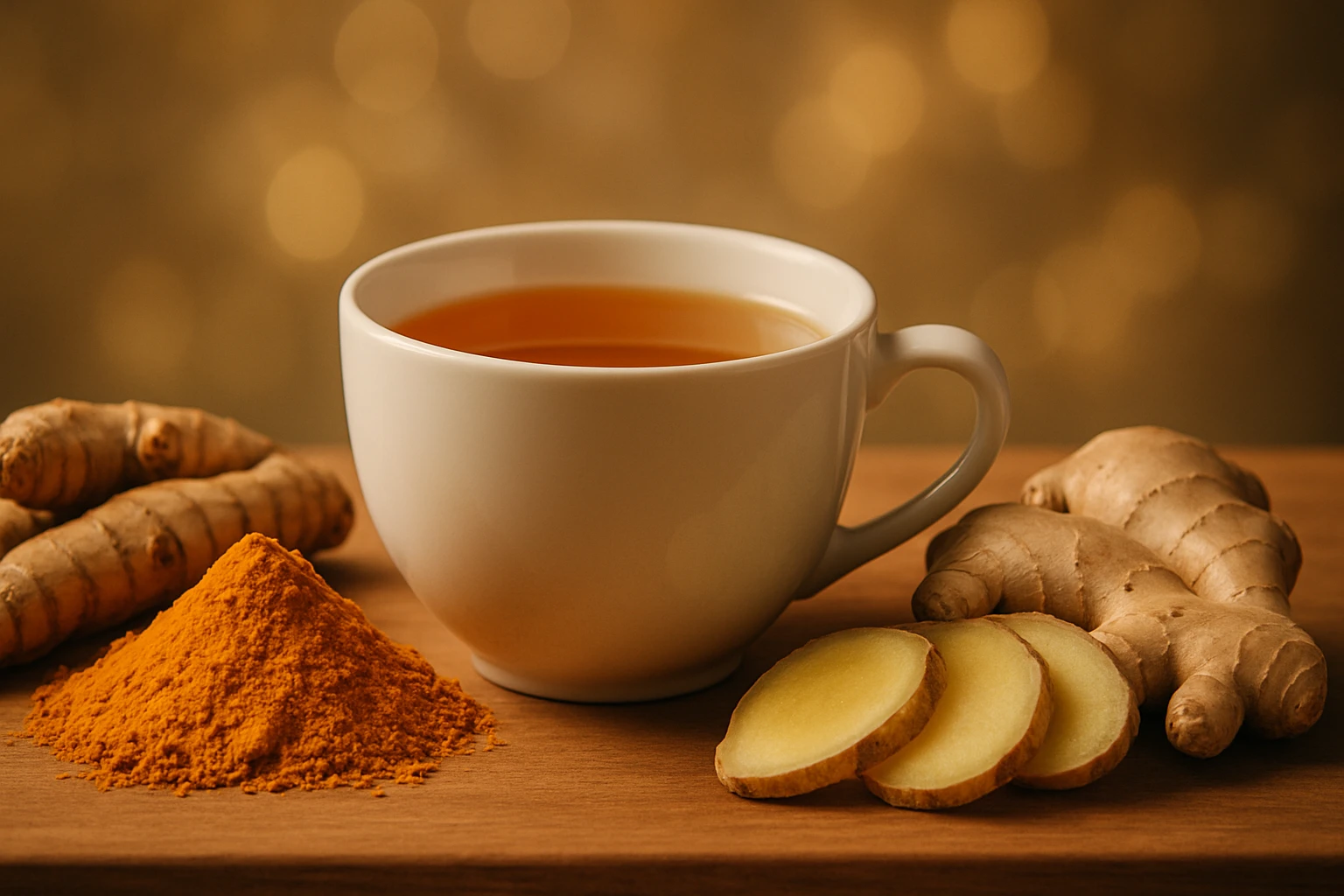 Egy fehér bögre gyömbérteával, mellette friss gyömbér és kurkuma por.