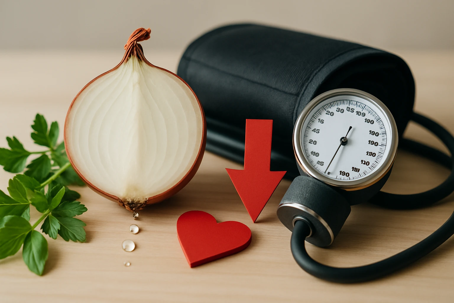 Félbevágott hagyma, vérnyomásmérő és piros szív alakú figura egy asztalon.